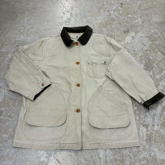 LL Bean Mens Field Jacket Mens Large Beige Collar Barn Chore Unlined - Picture 1 of 14